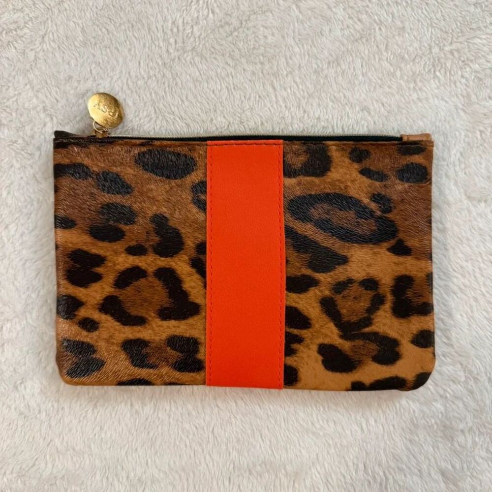 leopard print w/ orange stripe mini makeup cosmetics bag